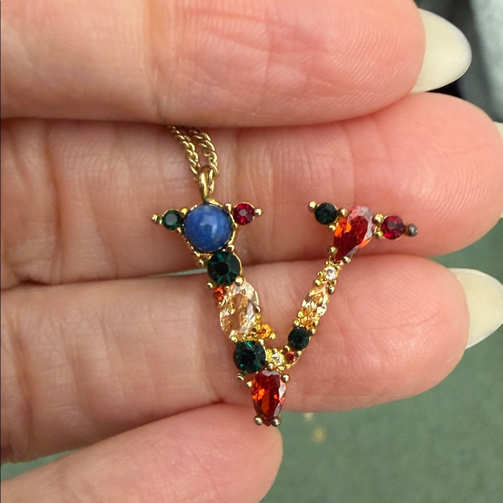Carolina Herrera Gold-Tone V Letter Pendant Necklace with Multicolor Stones